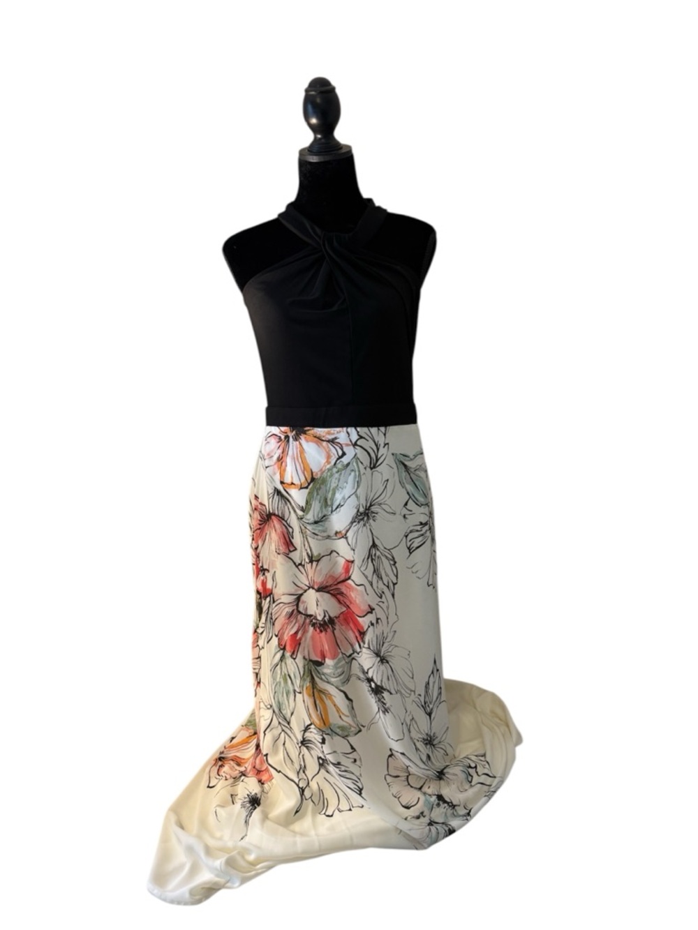 Danny & Nicole Black Bodice Ivory Floral Maxi Dress with Pink & Green Accents